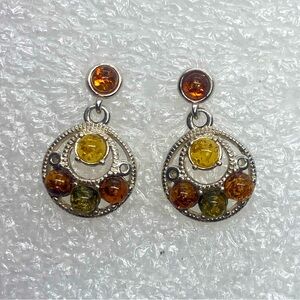 Vtg 925 Silver Baltic Amber Multicolour Cabochon Round Dangle Stud Earrings 21mm